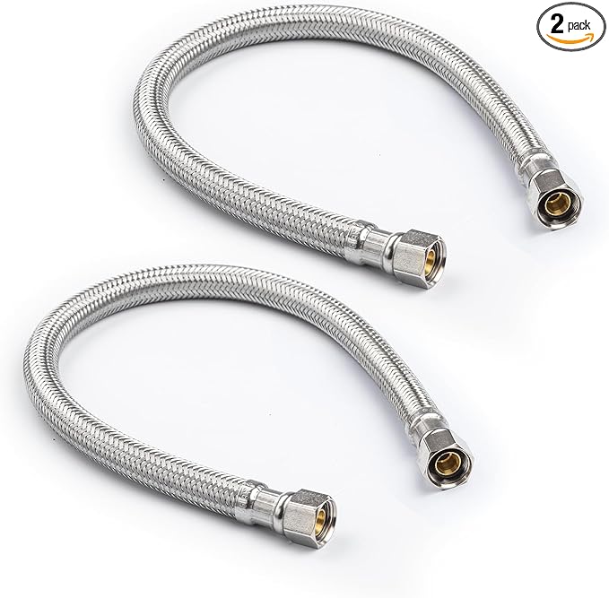Stainless Steel Braided Water Connectors with Reinforced PVC Inner Hose for Faucets, 3/8" Compression x 3/8" Compression, 12" Length (2Pack)