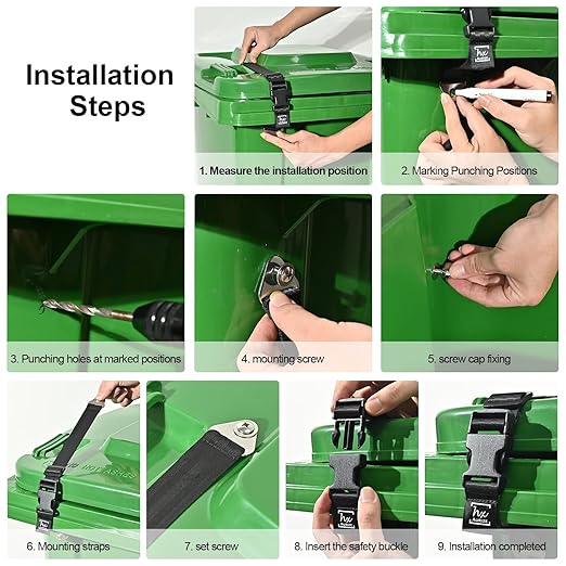 HX AURIZE Universal Trash Can Lid Lock Strap for Round & Square Bins - Sturdy Outdoor Garbage Lock - Raccoon, Dog & Small Animal Stopper - Secure Bolt-On Design (Drilling Required) Black 2 Pack