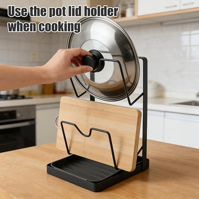 Pot Lid Holder, Multifunctional Kitchen Pot Lid Cover Organizer Rack Spoon Rest with Removable Drip Tray Pan Storage While Cooking for Countertop Organization