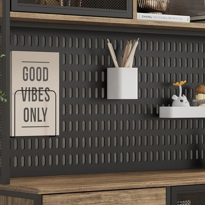 MOUMON Kitchen Pantry Cabinet with Hutch and 4 Doors, Pantry Storage Cabinet with Pegboard & Hutch, 6 Drawers and Shelves, Brown and Black, 15.7”D x 70.9”W x 68.5”H