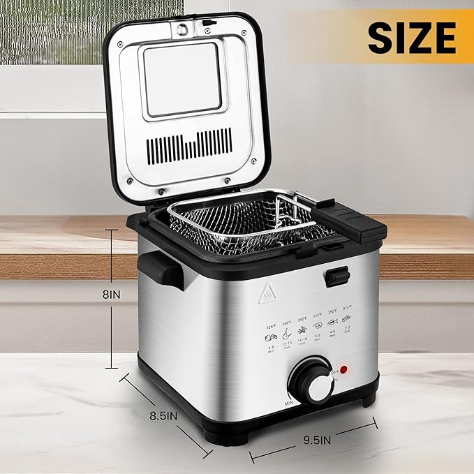 SUSTEAS 1.5 Liter/1.35QT Electric Deep Fryer, 900W, Timer Control, Adjustable Temperature, Lid with Viewing Window and Removable Frying Basket, Stainless Steel, Perfect for Kitchen, French Frie