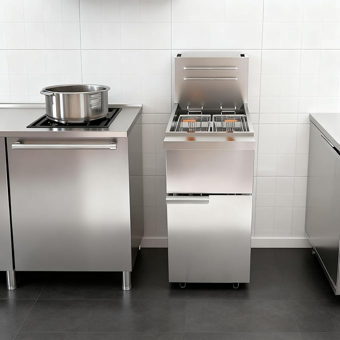 Commercial Natural Gas Deep Fryer, 120,000 BTU Stainless Steel Gas Floor Fryer with 2 Baskets, 50 LBS Capacity, 200°F-400°F, 4 Heating Tubes (Silver)