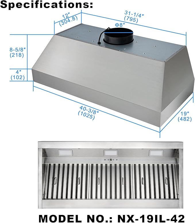 Akicon Range Hood Insert 42 Inch, 1200 CFM Built-in Kitchen Hood with 4 Speeds, Ultra-Quiet Stainless Steel Ducted Vent Hood Insert with Dimmable LED Lights and Dishwasher Safe Filters (Warm White)