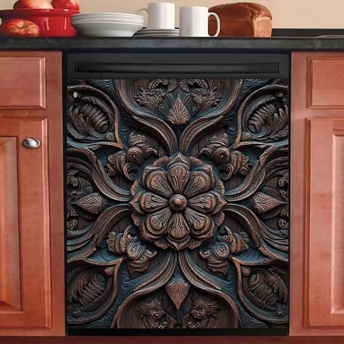 Vintage Wood Flower Dishwasher Magnet Cover, Farm Wooden Carved Floral Magnetic Dishwasher Covers for Front, Farmhouse Fridge Magnets Refrigerator Skin Panel Cover, 23"x 26"