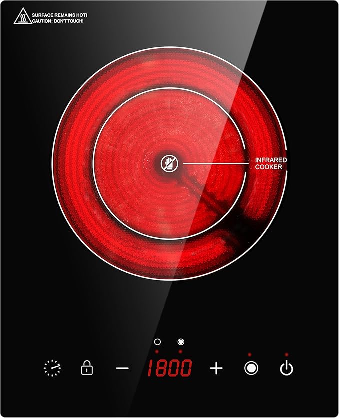 Dual Coils Design of Single Burner Electric Cooktop, 1800W Infrared Ceramic Hot Plate for Cooking, Portable Countertop or Built-in Radiant Stove Top Cooker, Compatible with All Cookware
