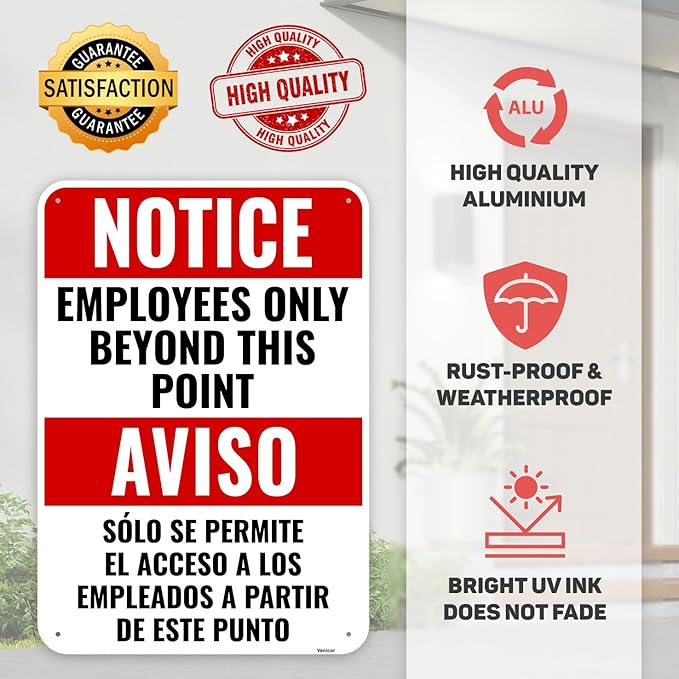 2PC Employees Only Beyond This Point Sign Bilingual, 10 x 7 Inches - Aluminum - No Customers Allowed In Work Area Staff Only Sign For Door