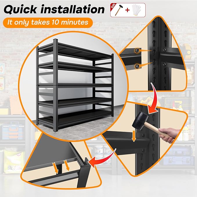 Metal Garage Shelving 5 Tier, 48"W x 73"H x 24"D Heavy Duty Storage Shelves, Easy to Assemble, Adjustable, 3000 lbs Capacity Steel Storage Utility Rack Shelf Unit for Warehouse, Pantry, Office, Black