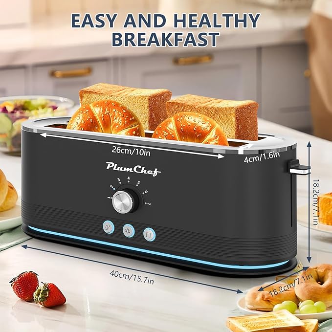 4-Slice Toaster, Extra Wide Long Slot Toaster, 7 Browning Settings, Defrost/Reheat Functions, Removable Crumb Tray, Stainless Steel Housing 1350W, Anti-Fingerprint & Anti-Jam(Black)