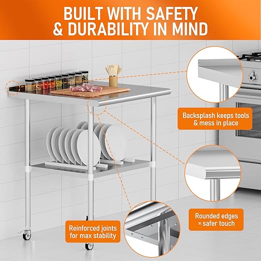 Stainless Steel Prep Table 30" X 30" with Adjustable Undershelf, Backsplash and Wheels, Commercial Metal Workstations for Kitchen, Garage, Outdoor BBQ