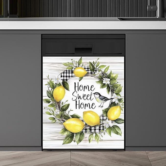 Home Sweet Home Lemon Wreath Dishwasher Magnet Cover,Pastoral Buffalo Check Magnetic Dishwasher Cover Vinyl Sticker,Wood Fridge Door Cover Magnets Art Skin Panel Decal,Home Decor Decal,23"X26"