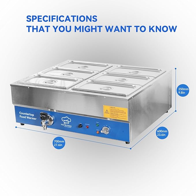 6 Pan Commercial Food Warmer, Electric Bain Marie Countertop Stainless Steel Buffet Steam Table for Catering and Restaurants(6×1/3 GN Pan,120V/1700W)