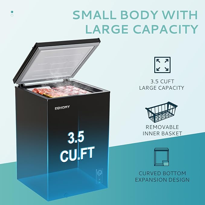 EUHOMY 3.5 Cu.Ft Chest Freezer with Wheels, Small Deep Freezer Adjustable 7 Thermostat, Quiet Mini Freezer Free-Standing Top Door, Energy Saving for Apartment/Garage/Basement/Dorm/Home, New Black