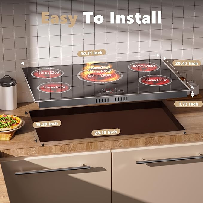 30 Inch Electric Cooktop, 5 Burner Electric Stove Top 6900W, 30" Built-In Ceramic Countertop with Metal Frame, Child Lock, Timer, Slide Control, 220-240V Hardwired (No Plug)