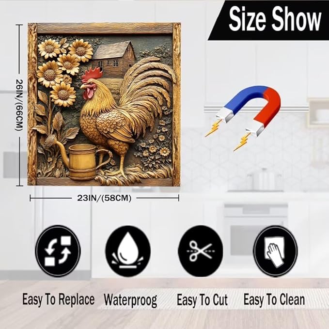 Vintage Wooden Sunflowers Magnetic Dishwasher Cover Vinyl Sticker, Rustic Wood Rooster Dishwasher Magnet Cover, Farm Fridge Barn Door Cover Magnets Art Skin Panel Decal for Home Decor, 23"X26"