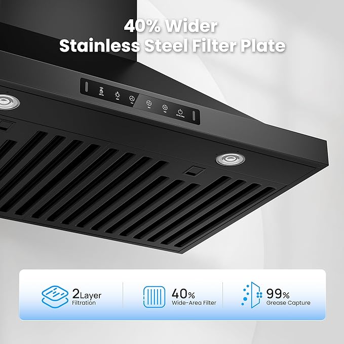 Black 30 Inch Pro Wall Mount Range Hood 980CFM, Direct 3 Speed Panel with Gesture & Touch Control, Ducted/Ductless Stainless Steel Kitchen Vent Hood, Delay Shut-Off, Includes Duct & Filter