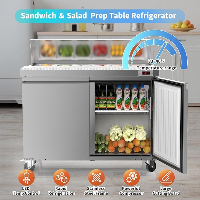 48" W Sandwich Salad Prep Table Refrigerator Commercial Refrigerator with 12 Pans Stainless Steel Fan Cooling Kitchen Equipment