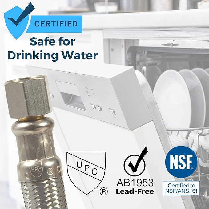 Hippohose 20 FT Stainless Steel Dishwasher Water Hose Kit - Universal Fit, Braided SS, 3/8'' Connections, 5-Year Warranty