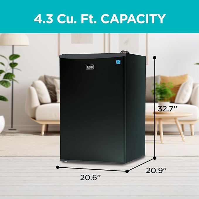 BLACK+DECKER 4.3 Cu. Ft. Compact Refrigerator, ENERGY STAR Certified Small Refrigerator, Single Door Mini Fridge with Chiller Compartment, Personal Fridge for Home or Dorm Room, BCRK43B, Black