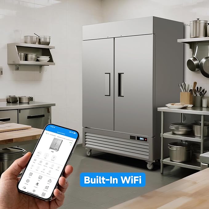 VEECOOL 54.4" W Commercial Refrigerator WiFi Enabled Stainless Steel 2 Door Reach in Fridge with Smart App Control, 49 Cu.Ft Fan Cooling Upright Fridge for Restaurant Bar Cafe Garage