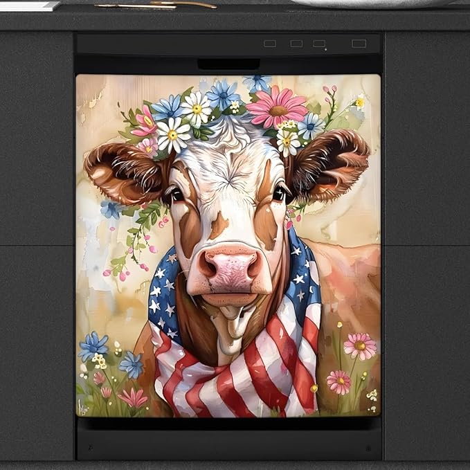 Highland Cow Animal Flower Dishwasher Magnet Cover Magnetic Dishwasher Decorative Cover Front Dishwasher Door Cover Reuseable Dishwasher Cover Panel for Kitchen Refrigerator Home Appliances 23" X 26"