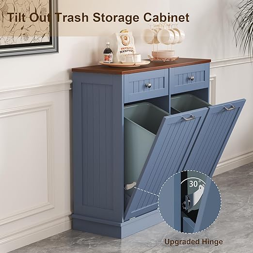 Tilt Out Trash Can Cabinet with Double Hidden Trash Bin Holder, Kitchen Free Standing Recycling Cabinet,Dog Proof Trash Can,Wood, Blue