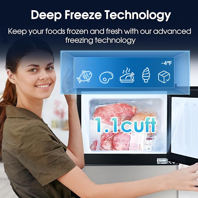 3.2 Cu.Ft Double Door Fridge with Freezer, 2 Door Portable Refrigerator for Bedroom, Office, Dorm and Apartment with 7 Temperature Control, LED Light, Adjustable Remove Glass Shelves, Silver