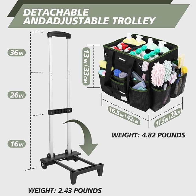 Large Rolling Cleaning Caddy Bag, Cleaning Caddy with Wheels with Detachable Trolley for Housekeepers, Water Resistant Cleaner Supplies Organizer with Wheels for Kitchen, Car, Picnic(Black-Green)