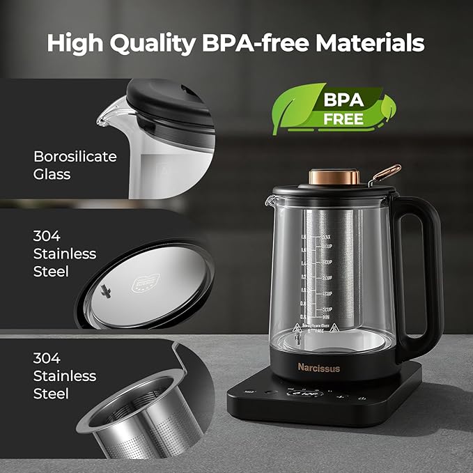 Narcissus Electric Kettle Temperature Control ±5℉, 1.8L Glass Electric Tea Kettle with Removable Infuser for Flowers & Fruit Tea, 1200W Fast Boiling, 6 Hours Keep Warming, Black