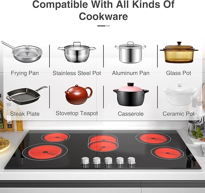VBGK Electric cooktop 36 inch,240V 8600W 36 inch Induction Cooktop,Built-in and Countertop Electric Stove Top,Knob Control 9 Heating Level Timer & Kid Safety Lock