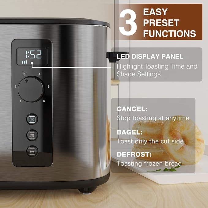 Toaster 4 Slice with Countdown Timer, Extra Wide Slots for Bagels and Waffles, 6 Browning Settings, Removable Crumb Tray, Stainless Steel