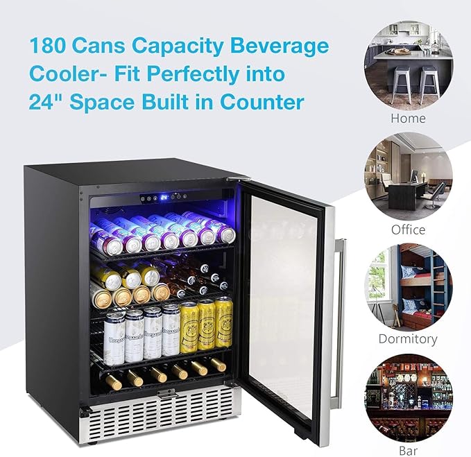 Antarctic Star 24 Inch Beverage Refrigerator, 180 Cans Capacity Built-in Beverage Cooler- Fit Perfectly into 24" Space Built in Counter or Freestanding-for Soda, Water, Wine-For Kitchen, Bar or Office