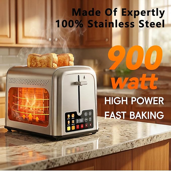 Touch Screen Toaster 2 Slice Retro Stainless Steel,Best Prime 2 Slice Toaster Wide Solt with 6 Shade Settings, Perfect for Waffles, Bagels and More 238TCB(Two slice)
