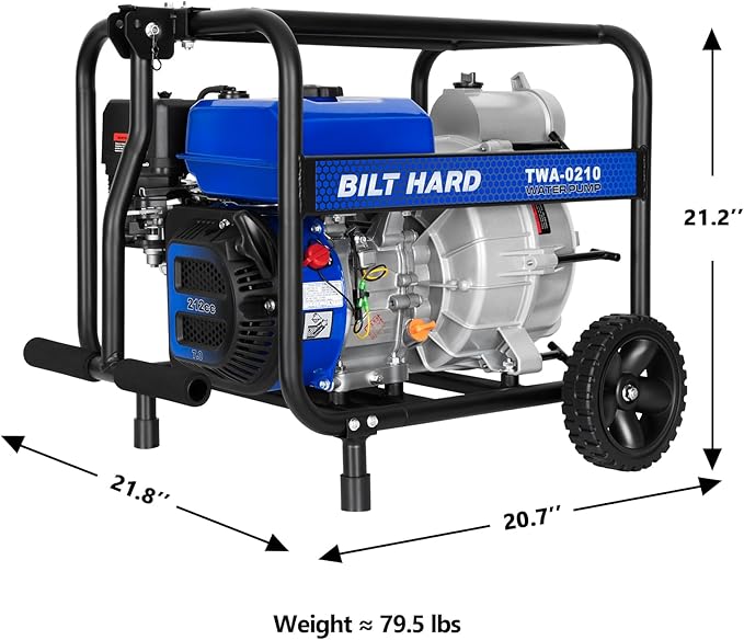 BILT HARD 3 Inch Trash Pump, 290 GPM 7HP Gas Powered Water Pump, 212cc 4-Cycle Engine with Handle and Wheels, 50 ft Discharge Hose, 15 ft Suction Hose with Complete Fittings, EPA Certified