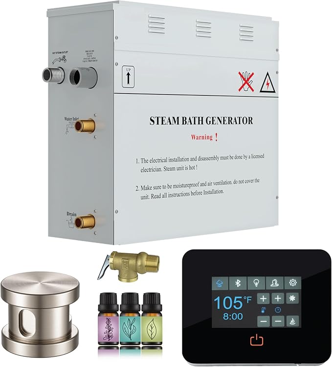 Builders Series 7.5kW Steam Bath Generator with Quickstart Continuous Steam, Black Digital Touch Pad, Built-in Auto-Drain, and Aroma Steamhead in Brushed Nickel
