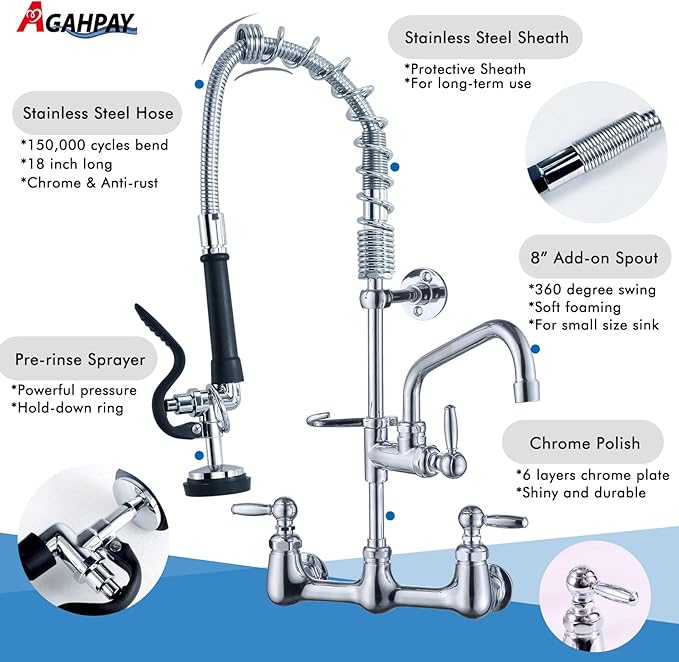Commercial Sink Faucet with Sprayer with 8 Inch Swivel Spout 8" Center Wall Mount 3 Compartment Sink Faucet 24" Height Pre Rinse for Commercial Restaurant Kitchen, Chrome, Solid Brass