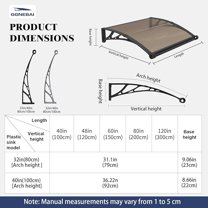 Awning for Door Entrance with Drainage Sink,32x80 Inch Awnings for Doors,Window Canopy Exterior with Plastic Steel Bracket,Polycarbonate Cover,UV,Rain,Snow Protection for House,Porch,Patio,Deck