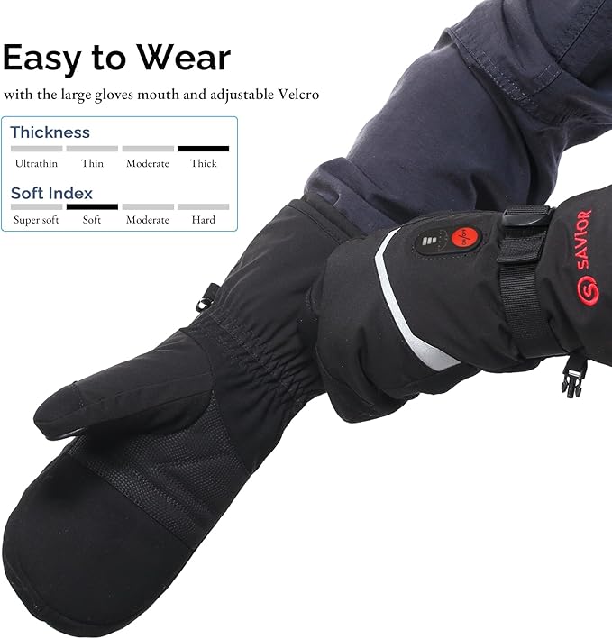SAVIOR HEAT Heated Mittens Battery Ski Gloves, Upgraded Electric Rechargeable Mitts for Skiing Camping Hiking Arthritis Hands Men Women