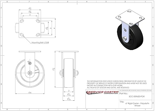 Service Caster Brand Replacement Caster for Uline Caster H-3322R - Rigid Top Plate Caster with 6 Inch Polyolefin Wheel - Heavy Duty Replacement Caster - Fits Platform, U-Boat and Panel Trucks H-2667