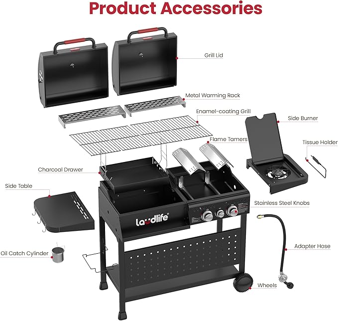 Gas and Charcoal Grill Combo with Side Burner, 3 Burners Propane BBQ Grill, 748 SQ.IN Cooking Space, Non-Stick Enamel Coating Grates, Heavy-Duty Stand for Backyard & Outdoor Barbecue
