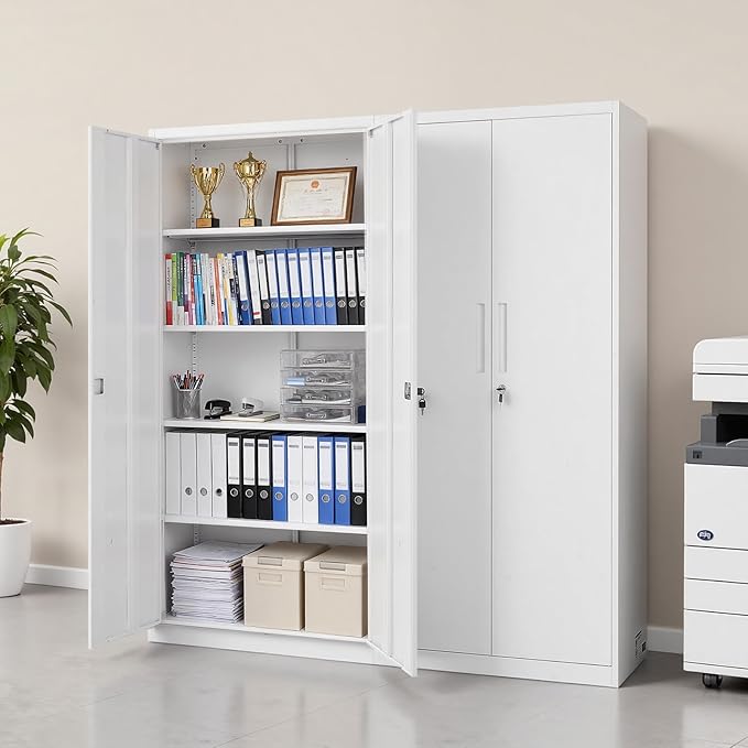 VEVOR Metal Storage Cabinet, Lockable Steel Garage Cabinet with Adjustable Shelves, 2 Magnetic Doors, 2 Keys, 5-Tiers Tool Storage Locker for Home,Office,School,Pantry,Warehouse,Basement,Laundry,White