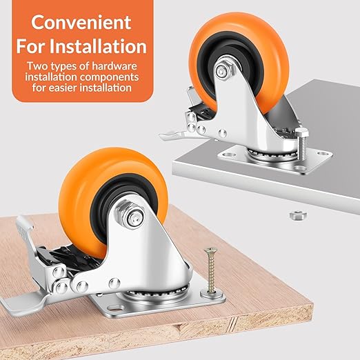 Caster Wheels, 4" Casters Set of 4 Heavy Duty - Dual Pedal Locking Casters with ON/Off Tabs (Easier to Operate), Swivel Plate Caster, No Marks Castor Wheels for Carts Furniture and Workbench