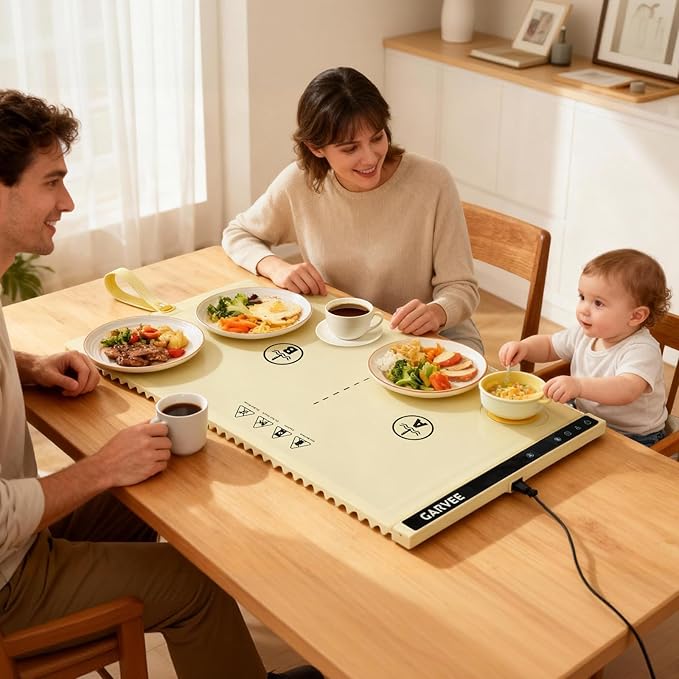 Garvee Electric Food Warming Mat for Countertop, 24x15 in, Dual Zone Control, Portable Silicone Food Warmer Pad Tray with Timer & 6 Temp Levels for Buffet Party, Easy to Clean, Beige