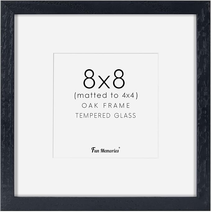 Fun Memories 8x8 Oak Wood Picture Frame in Black, 8"x8" Photo Frame for Wall, Square Frames 8x8 with Stand for Tabletop Display, Real Tempered Glass, 8 x 8 Picture Frames (Black Color, 1 Pack)