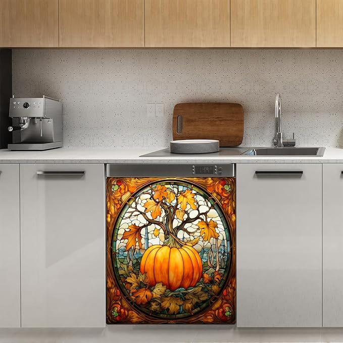 Dishwasher Magnet Cover Front Dishwasher Cover Fall Gold Glass Pumpkin Decor Reusable Magnetic Door Cover Panel Decal Home Appliances Stickers Kitchen Refrigerator Fridge 23"x26"