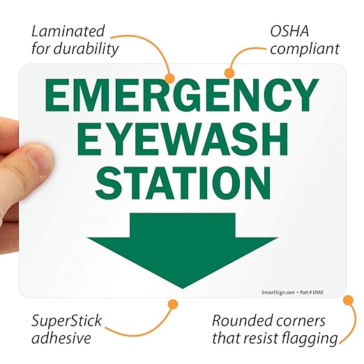SmartSign (Pack of 4) 5 x7 inch “Emergency Eyewash Station” Sticker Labels with Down Arrow, 5 mil Laminated Polyester with SuperStick Adhesive, Green and White, Made in USA