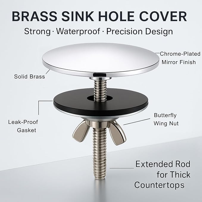 2 Pcs Solid Brass Kitchen Sink Hole Cover, 2 Inch Faucet Hole Cover, Polished Chrome Finish Tap Hole Plate Stopper Cover, Countertop Hole Cover for Kitchen and Bathroom Sinks (Polished Chrome)