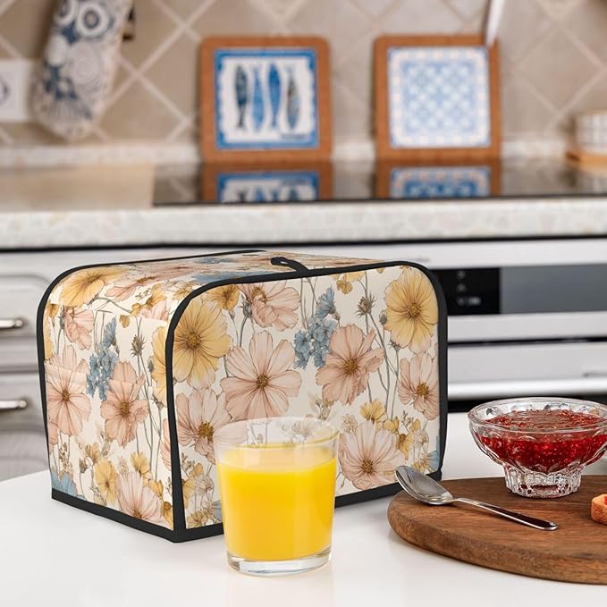 2 Slice Toaster Cover for Kitchen Flower Vintage Botanical Waterproof and Dustproof Toaster Dust Cover with Side Pockets Decorative Universal Cover for Wide Slot Toasters and Small Appliances