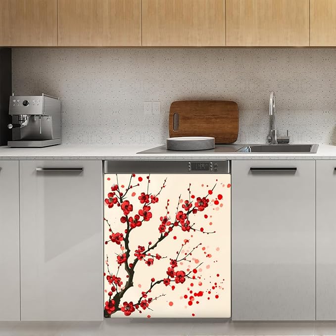 Dishwasher Magnet Cover Red Japanese Cherry Blossom Flower Reusable Dishwasher Magnetic Cover Sticker Decorative Dish Washer Door Cover Panel for Home Kitcen Appliance