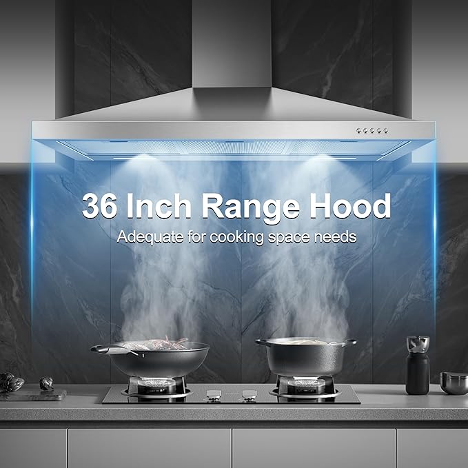 Tiesay Wall Mount Range Hood 36 inch with Ducted/Ductless Convertible Duct, Kitchen Hood Stainless Steel Chimney-Style Over Stove Vent Hood with LED Light, 3 Speed Exhaust Fan, 450 CFM