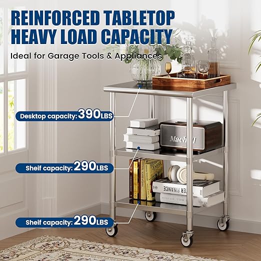 Stainless Steel Work Table with Wheels, 24x24 Inch NSF Kitchen Prep Table with 2 Adjustable Undershelves for Commercial Restaurant, Garage, Outdoor BBQ